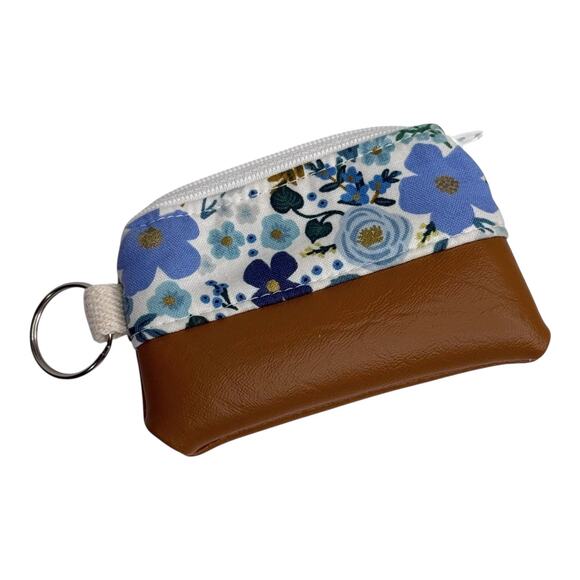 Vegan Leather Floral Mini Coin Purse Zip Pouch Key Ring Ear Bud Case 4" Bag Blue - Picture 7 of 7